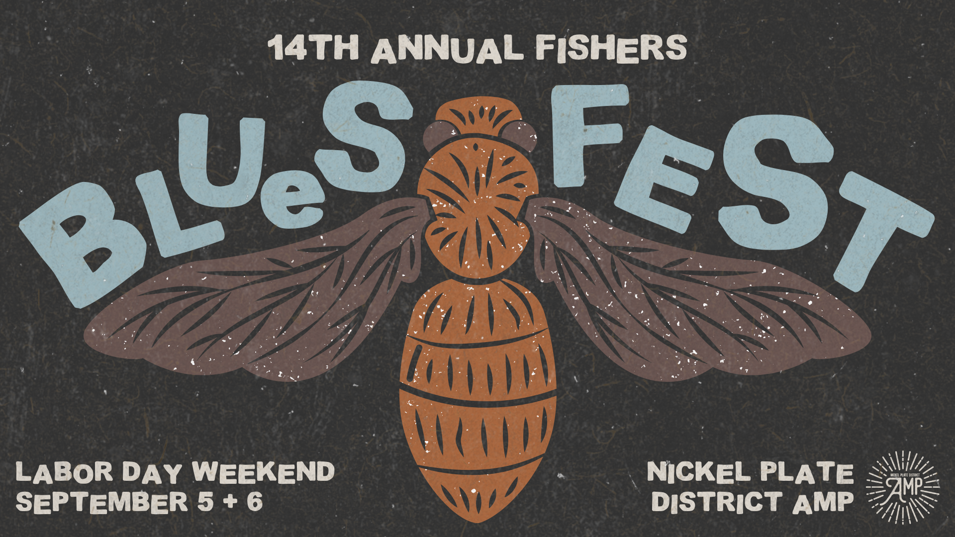 Poster for 14th Annual Blues Fest with a stylized orange insect centerpiece and bold light-blue BLUESFEST lettering; includes Labor Day weekend details at bottom.